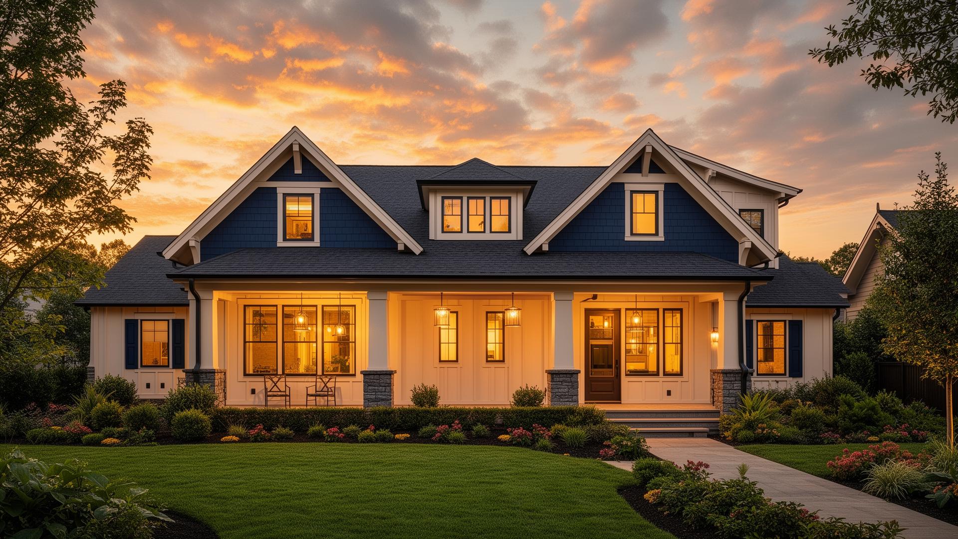 A beautiful craftsman home at golden hour